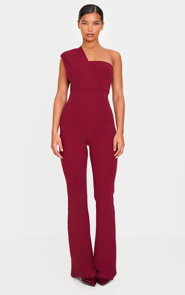 Pretty Little Thing Burgundy One Shoulder Drape Detailed Jumpsuit