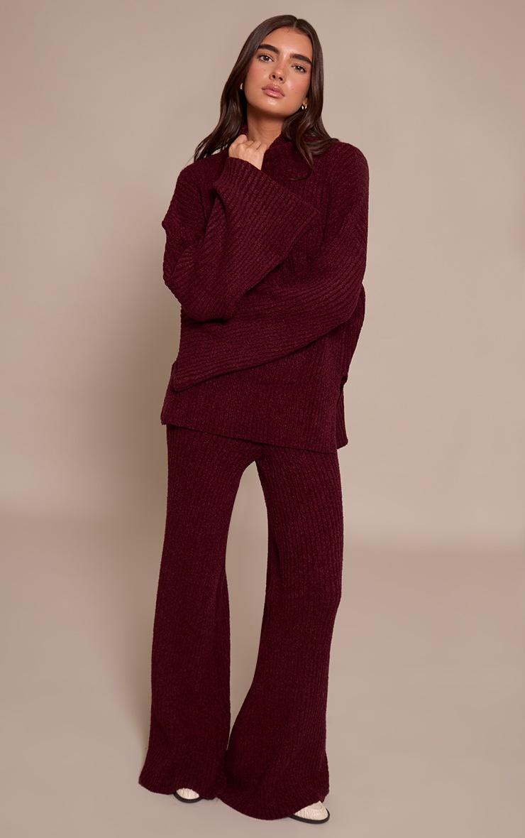 Pretty Little Thing Burgundy Rib Boucle Knit Wide Leg Pants