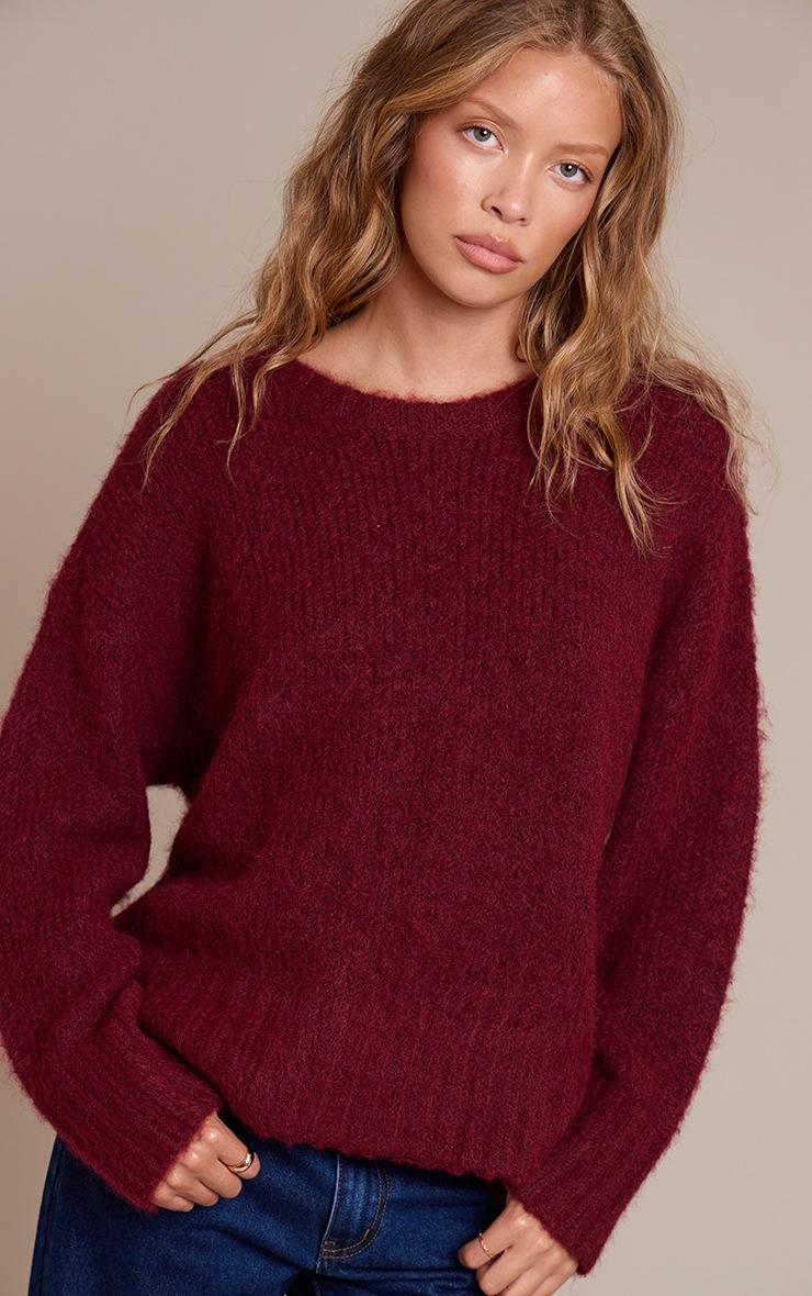Pretty Little Thing Burgundy Rib Detail Oversized Sweater