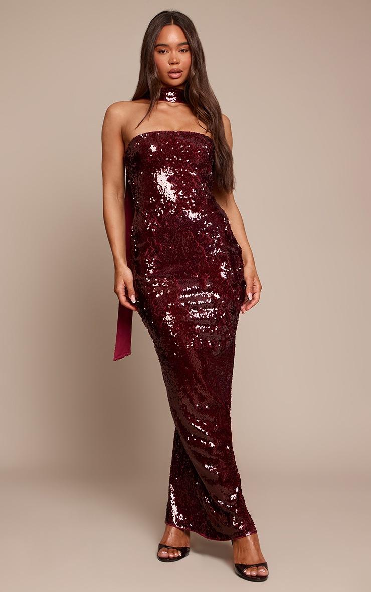 Pretty Little Thing Burgundy Sequin Scarf Detail Bandeau Maxi Dress