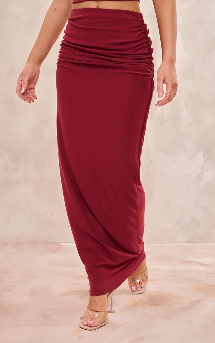 Pretty Little Thing Burgundy Soft Touch Ruched Back Maxi Skirt