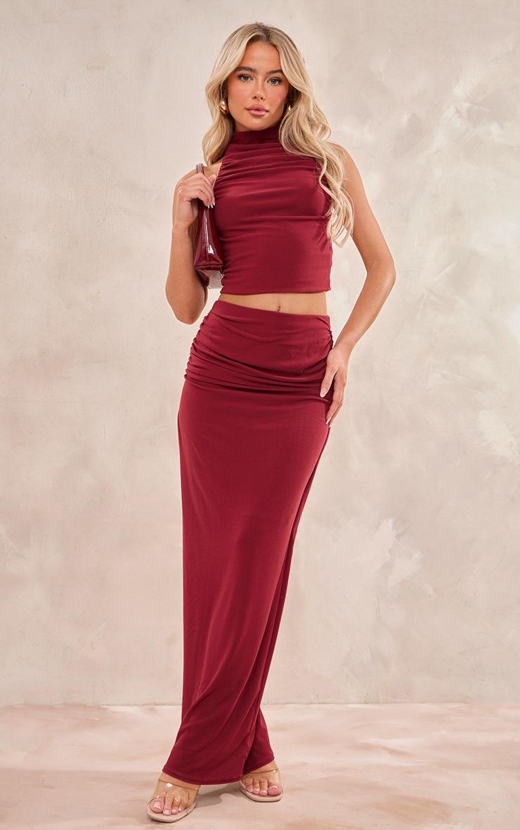 Pretty Little Thing Burgundy Soft Touch Ruched Back Maxi Skirt