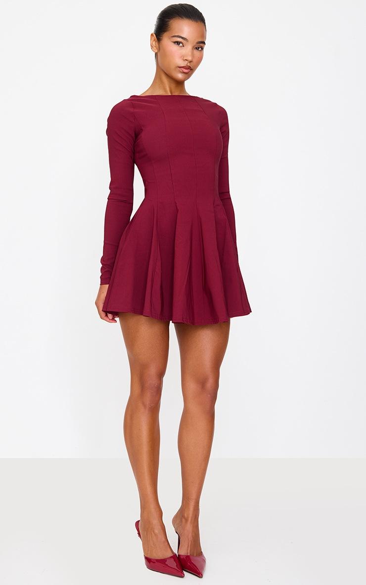 Pretty Little Thing Burgundy Stretch Woven Boat Neck Long Sleeve Pleated Shift Dress
