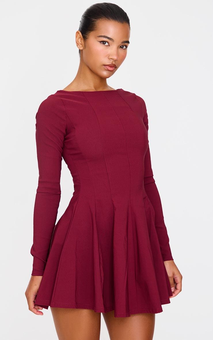Pretty Little Thing Burgundy Stretch Woven Boat Neck Long Sleeve Pleated Shift Dress