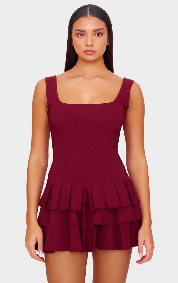 Pretty Little Thing Burgundy Stretch Woven Pleated Skort Romper