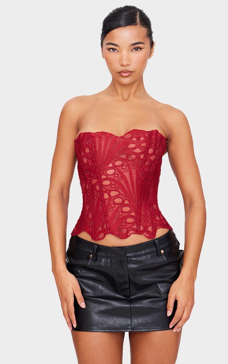Pretty Little Thing Burgundy Textured Sheer Floral Lace Corset
