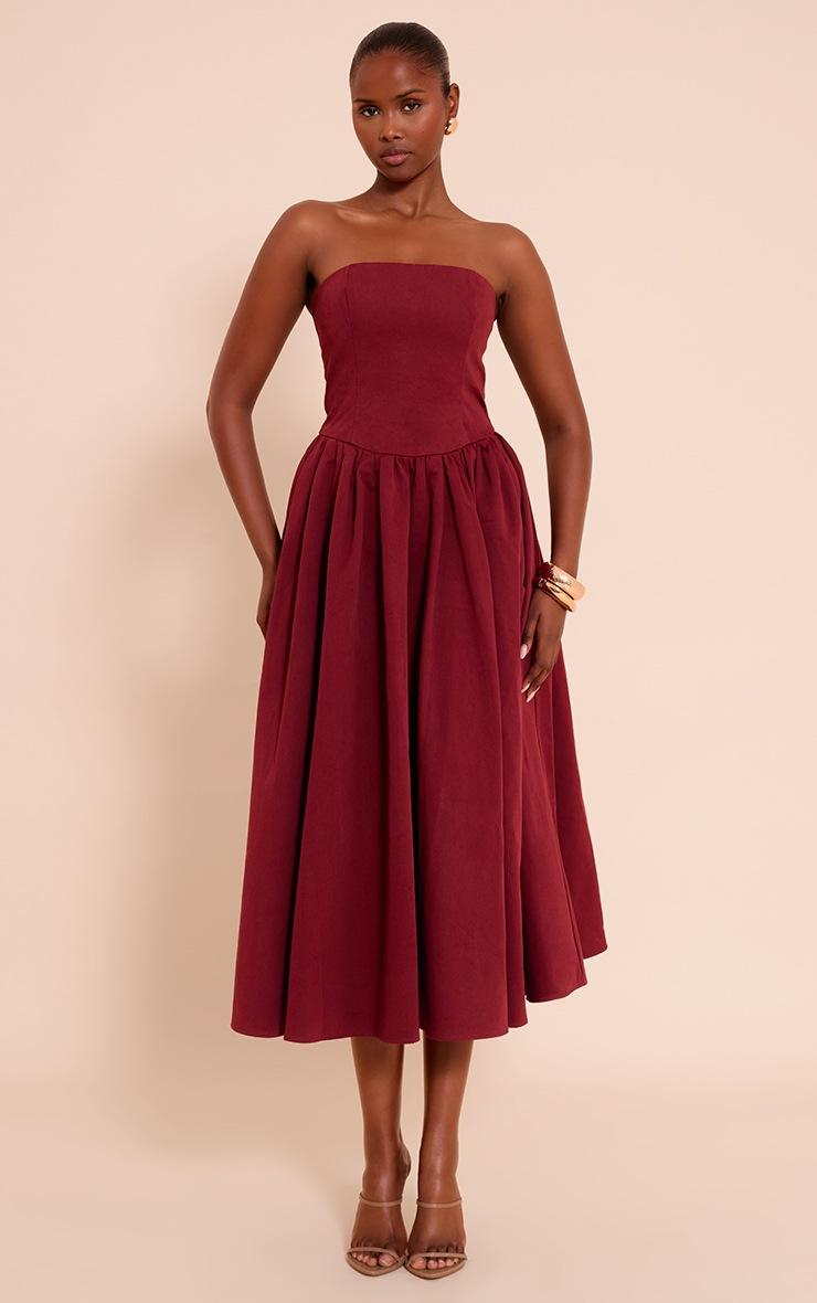 Pretty Little Thing Burgundy Woven Bandeau Ruched Skater Midaxi Dress
