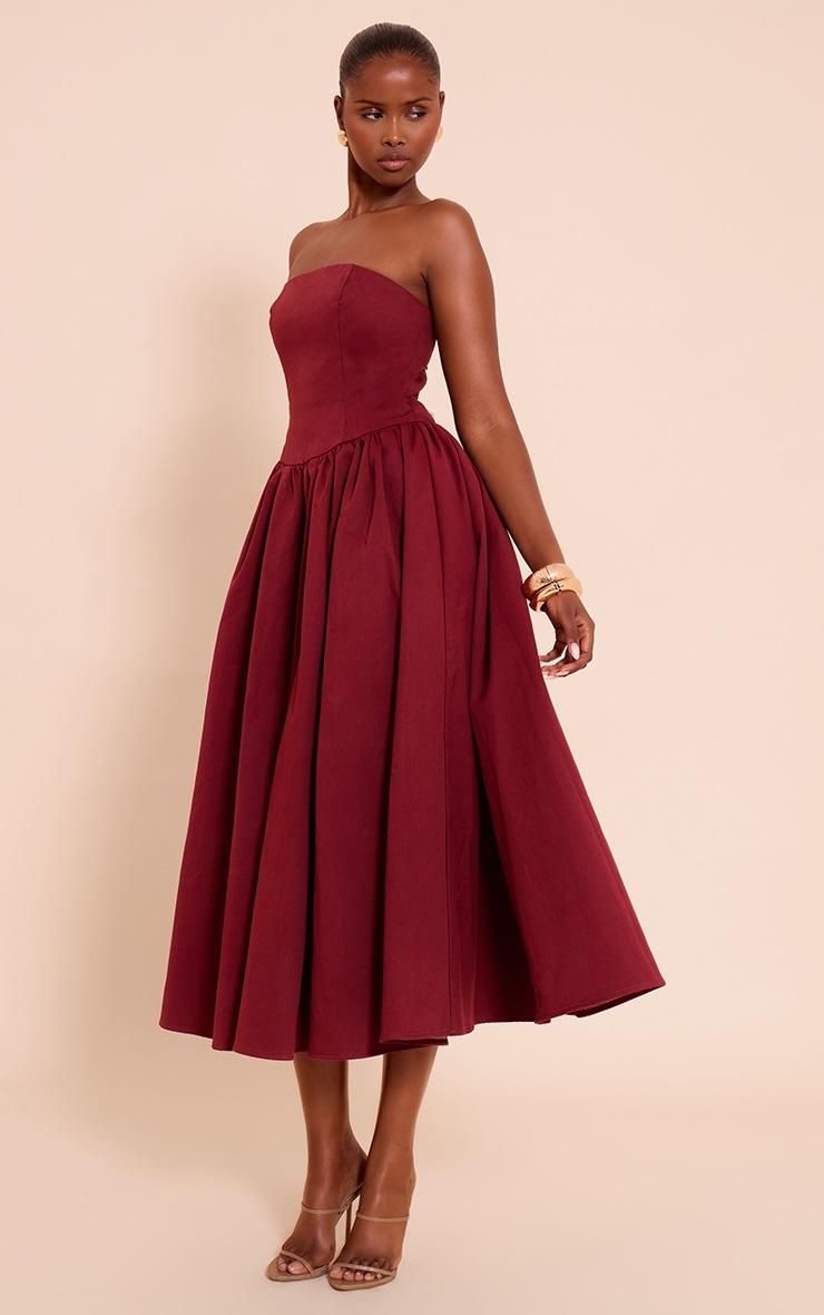 Pretty Little Thing Burgundy Woven Bandeau Ruched Skater Midaxi Dress