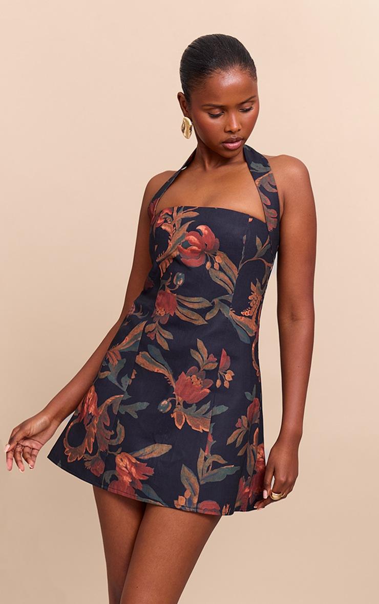 Pretty Little Thing Burnt Orange Floral Square Halterneck A-line Dress