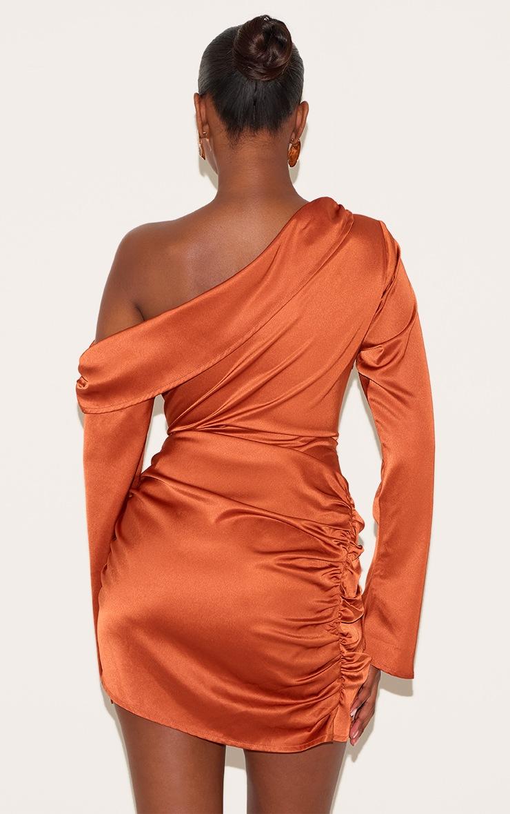 Pretty Little Thing Burnt Orange Satin One Shoulder Drape Bodycon Dress