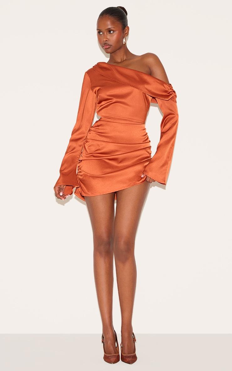 Pretty Little Thing Burnt Orange Satin One Shoulder Drape Bodycon Dress