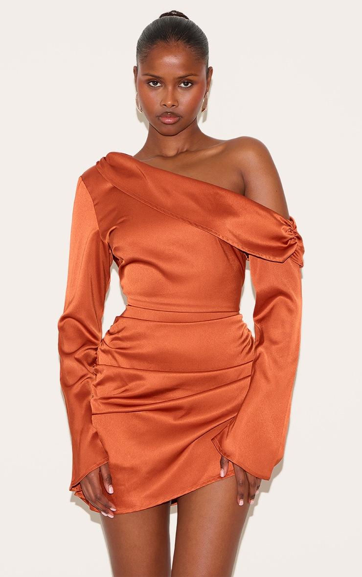 Pretty Little Thing Burnt Orange Satin One Shoulder Drape Bodycon Dress