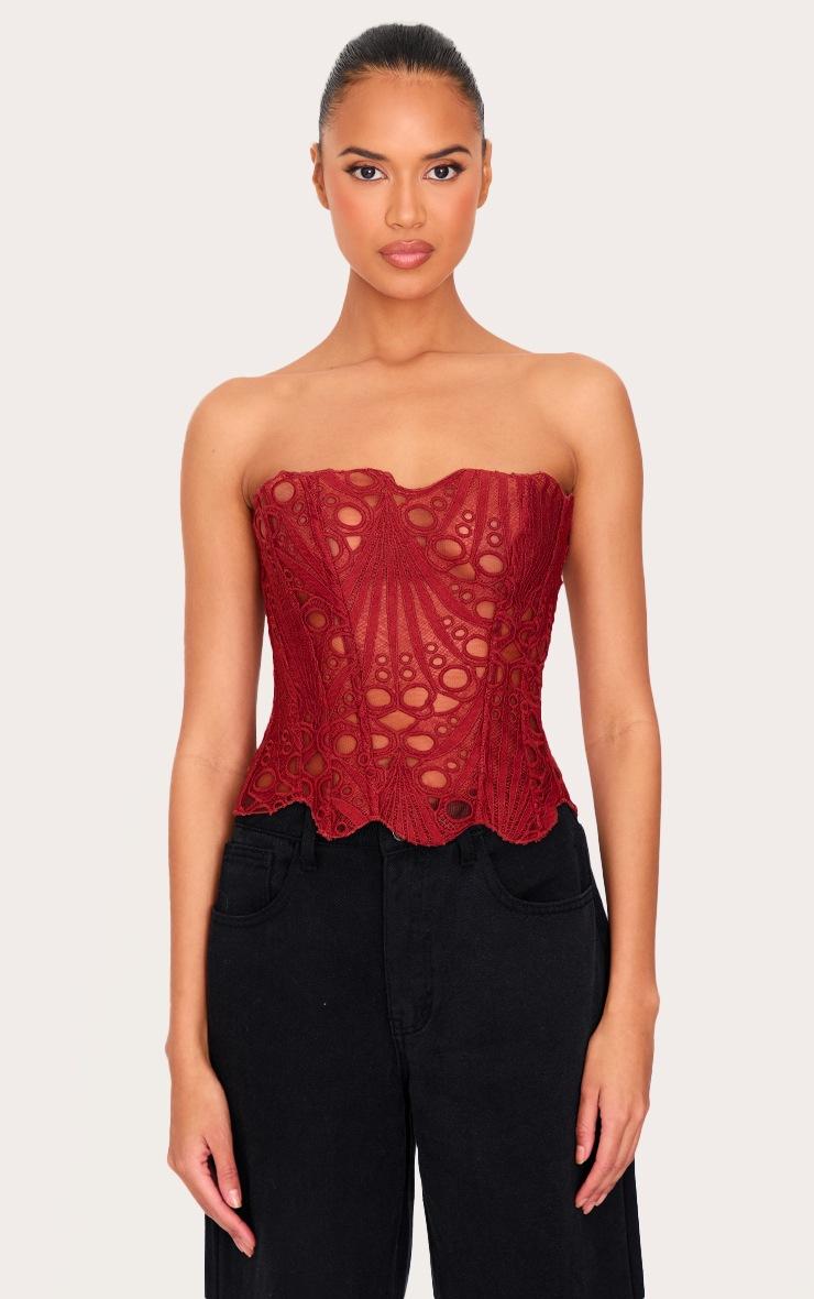 Pretty Little Thing Burnt Orange Textured Sheer Floral Lace Corset