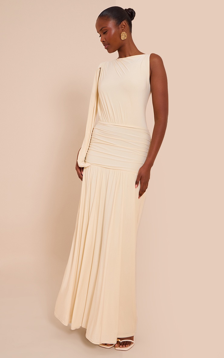 Pretty Little Thing Butter Cream Double Layer Slinky Ruched One Shoulder Maxi Dress