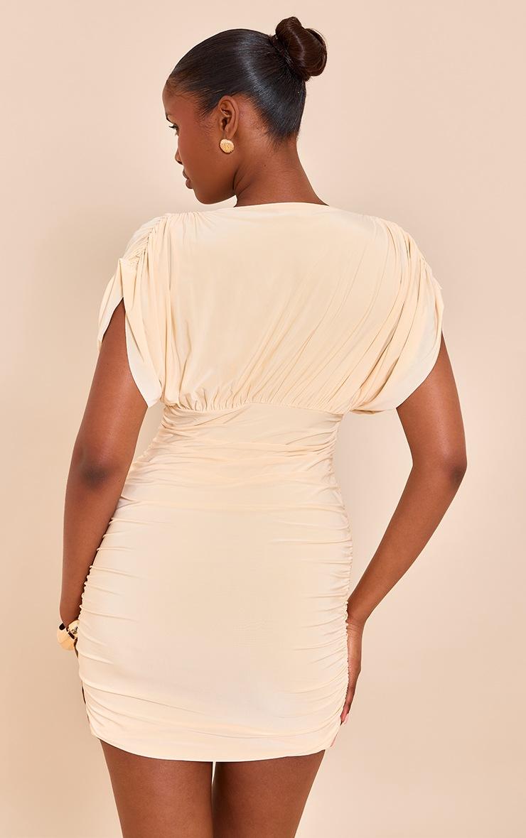 Pretty Little Thing Butter Cream Double Layer Slinky Ruched V Neck Mini Dress