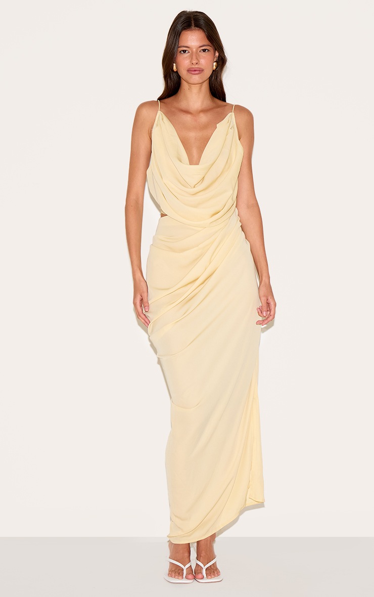 Pretty Little Thing Butter Yellow Chiffon Drape Cut Out Midaxi Dress
