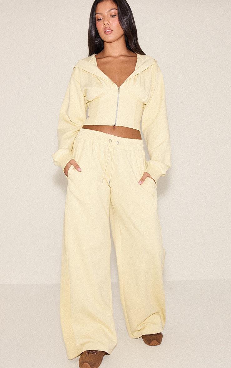 Pretty Little Thing Buttercream Embroidered Interlock Rib Panel Wide Leg Sweatpants