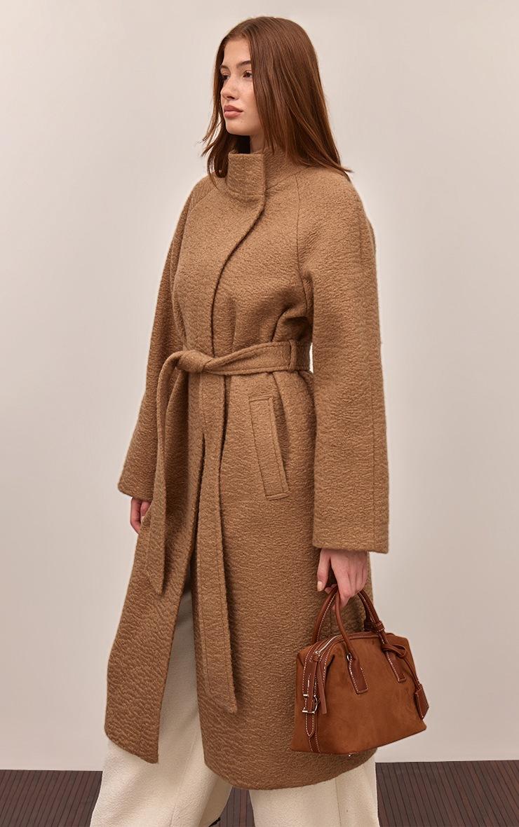 Pretty Little Thing Camel High Neck Tie Waist Wool Look Maxi Coat