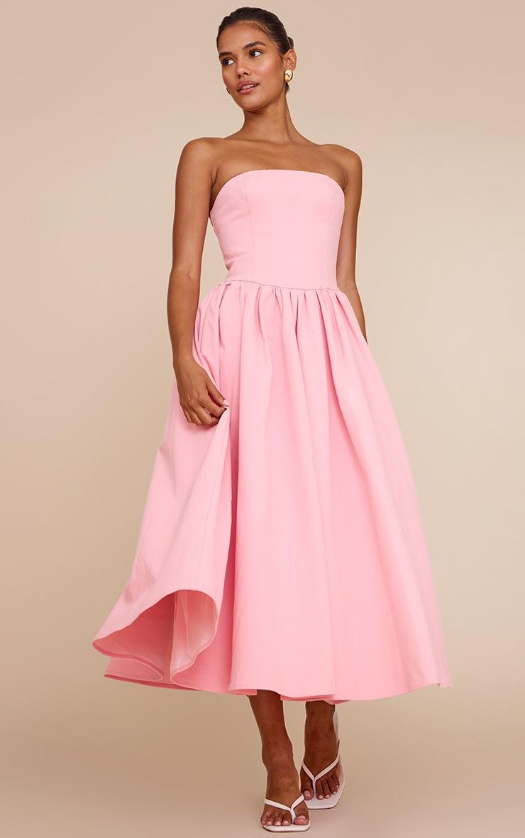 Pretty Little Thing Candy Pink Woven Bandeau Ruched Skater Midaxi Dress