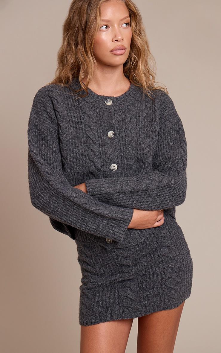 Pretty Little Thing Charcoal Cable Knit Button Through Cardigan