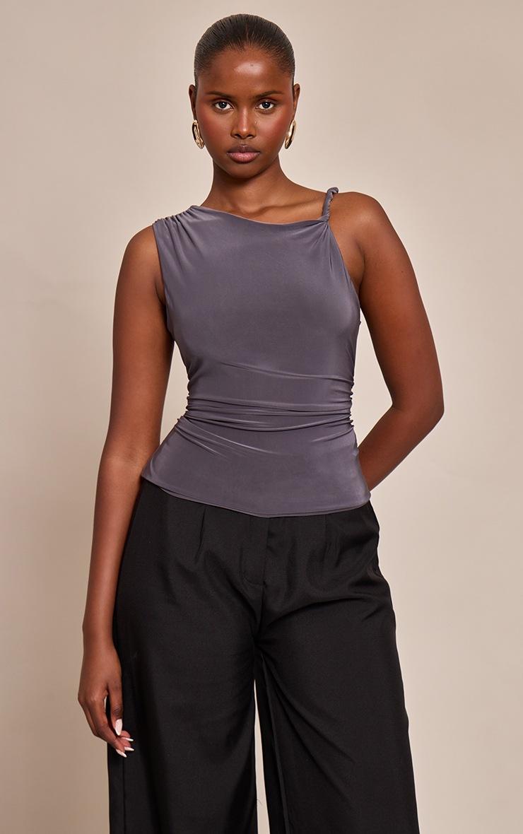 Pretty Little Thing Charcoal Double Layer Twist Shoulder Detail Long Top