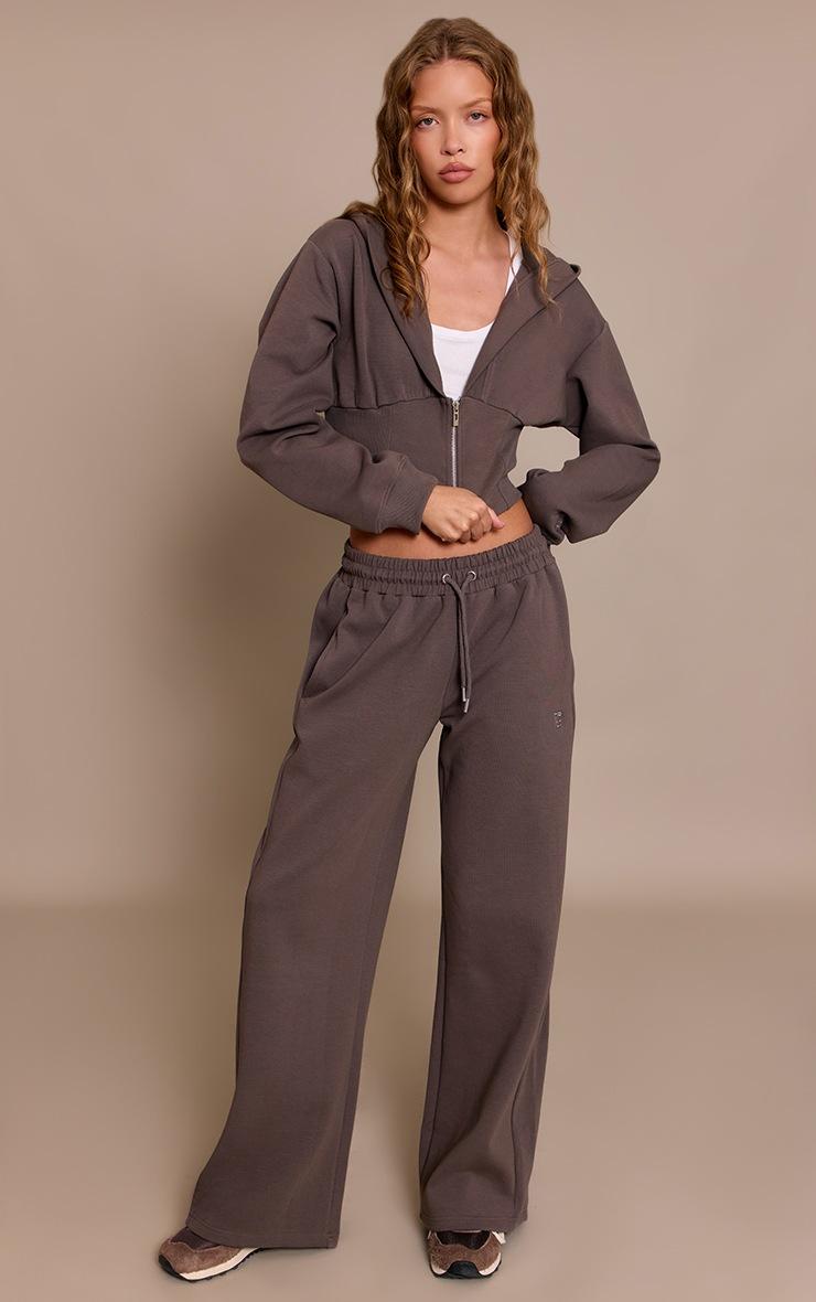 Pretty Little Thing Charcoal Embroidered Interlock Rib Panel Wide Leg Sweatpants