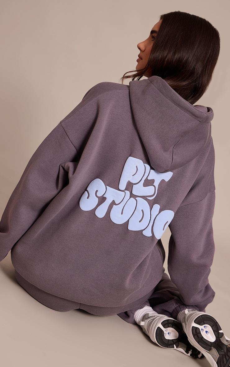 Pretty Little Thing Charcoal PLT Studio Print Oversized Hoodie