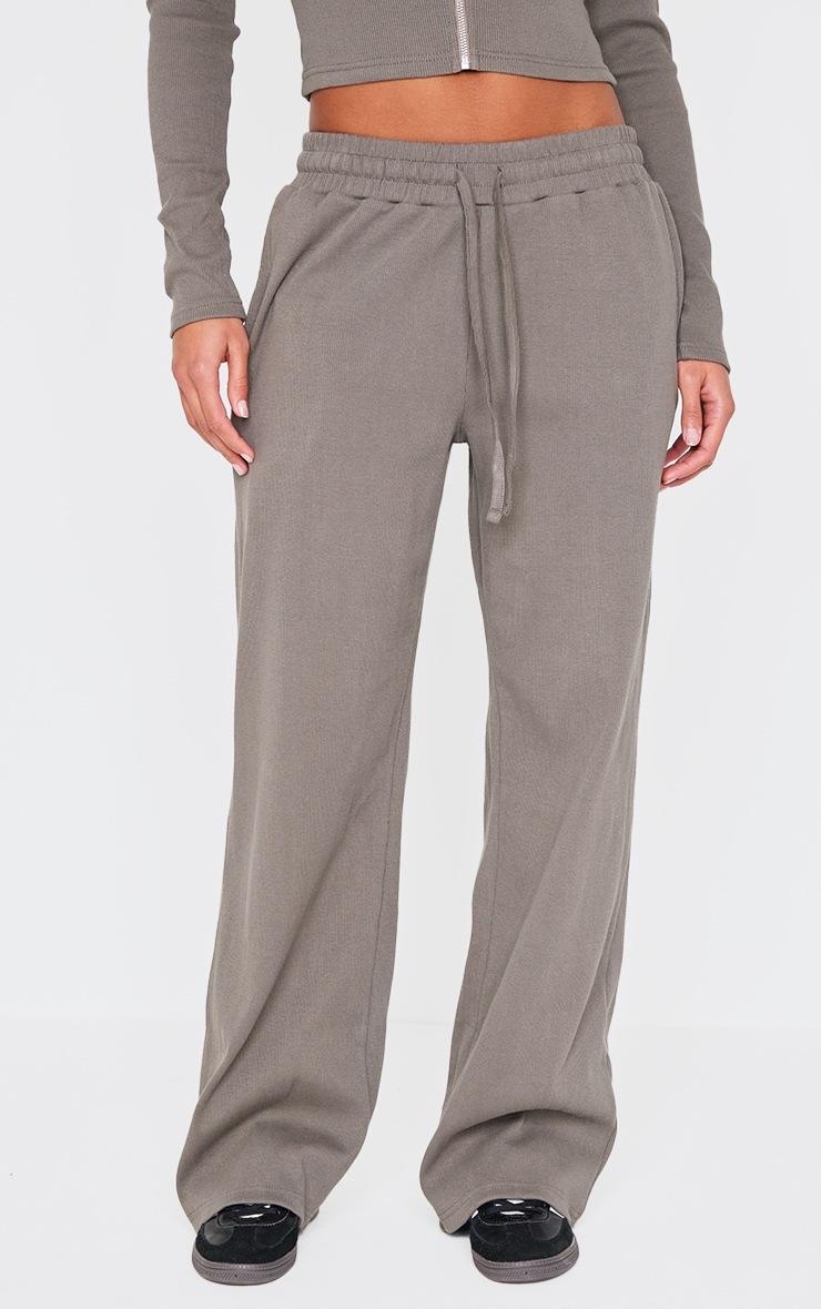 Pretty Little Thing Charcoal Ribbed Low Rise Wide Leg Pants