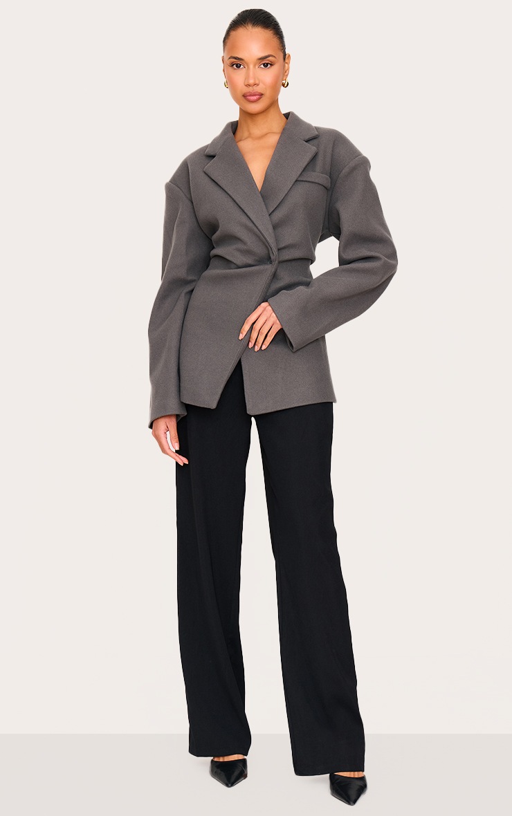 Pretty Little Thing Charcoal Wool Look Cinched Blazer