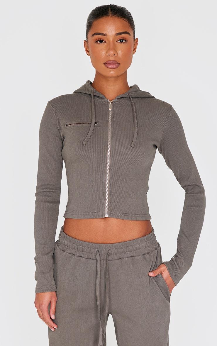 Pretty Little Thing Charcoal Zip Up Ribbed Track Top