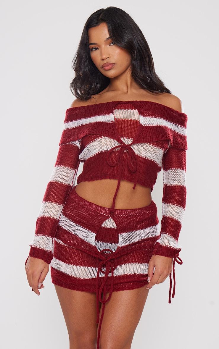 Pretty Little Thing Cherry Red Abstract Soft Knit Foldover Tie Detail Bardot Top
