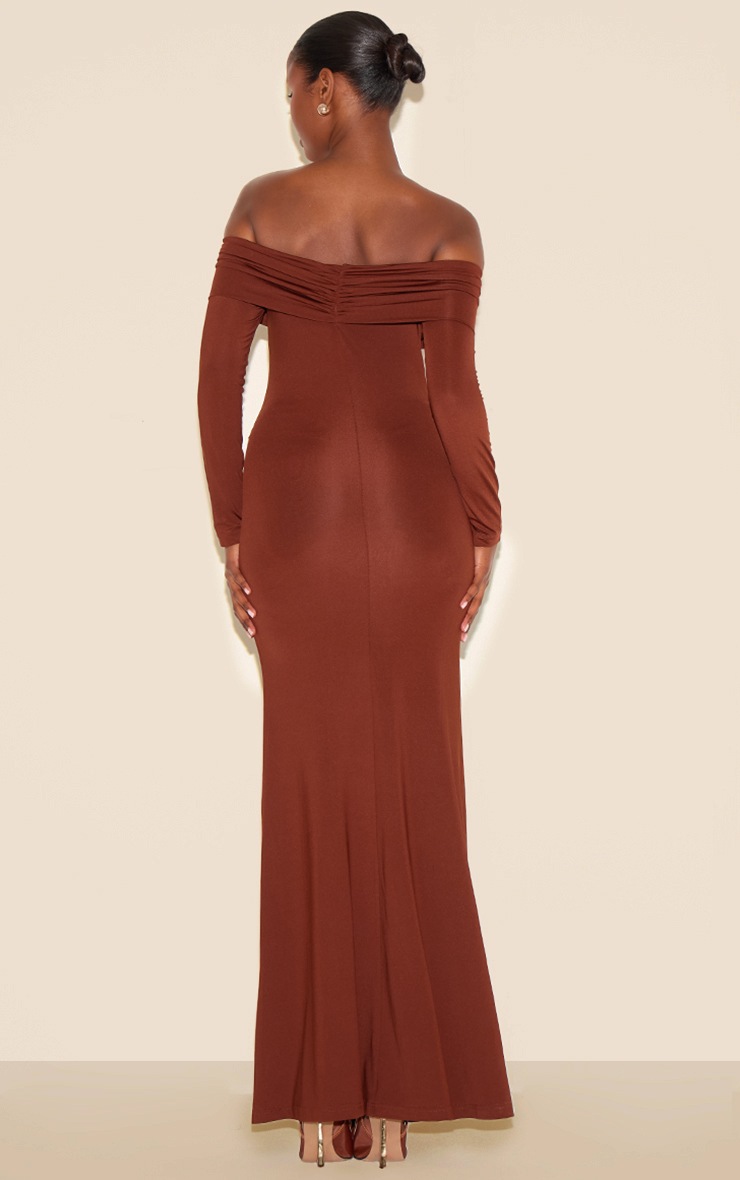 Pretty Little Thing Chocolate Bardot Long Sleeve Trim Drape Detail Maxi Dress