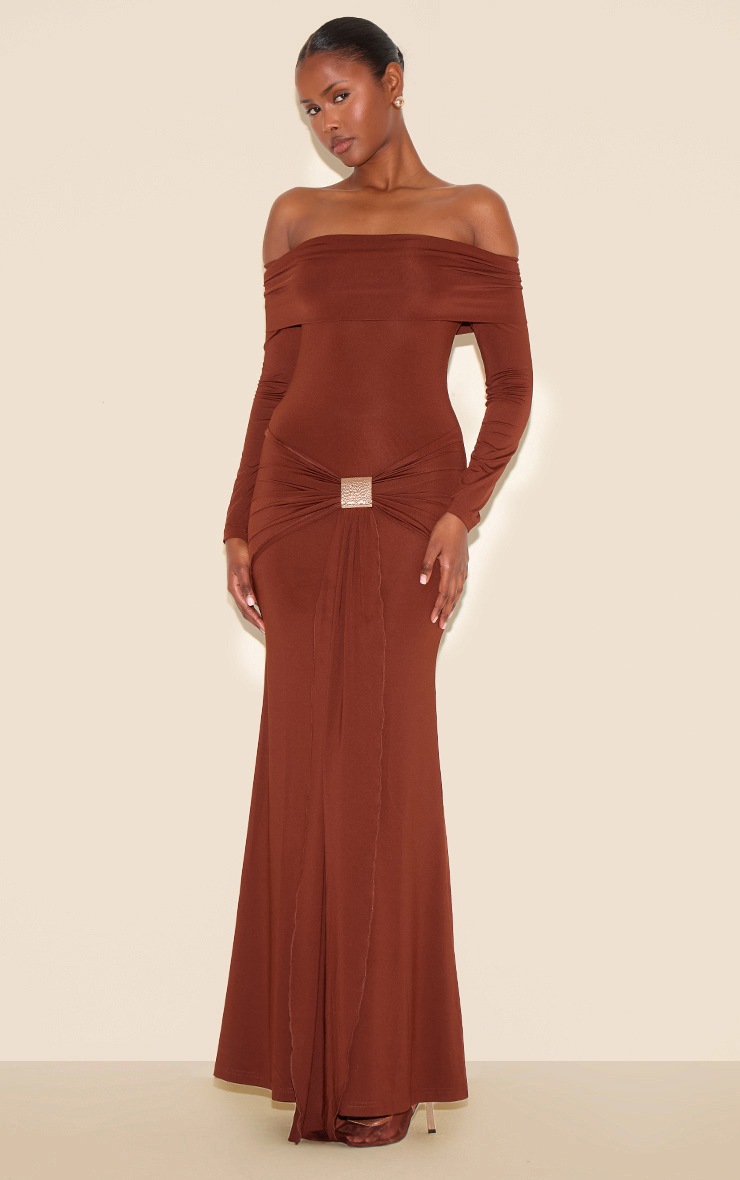 Pretty Little Thing Chocolate Bardot Long Sleeve Trim Drape Detail Maxi Dress