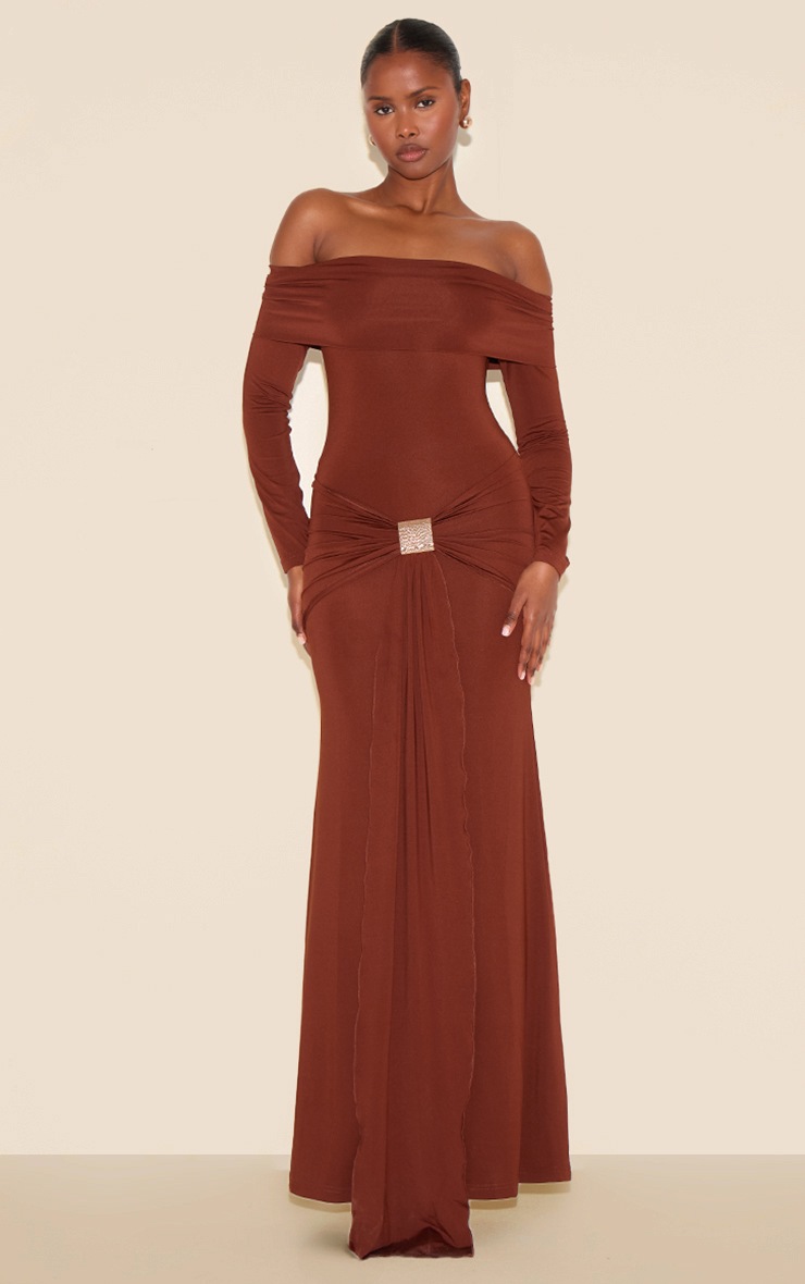 Pretty Little Thing Chocolate Bardot Long Sleeve Trim Drape Detail Maxi Dress