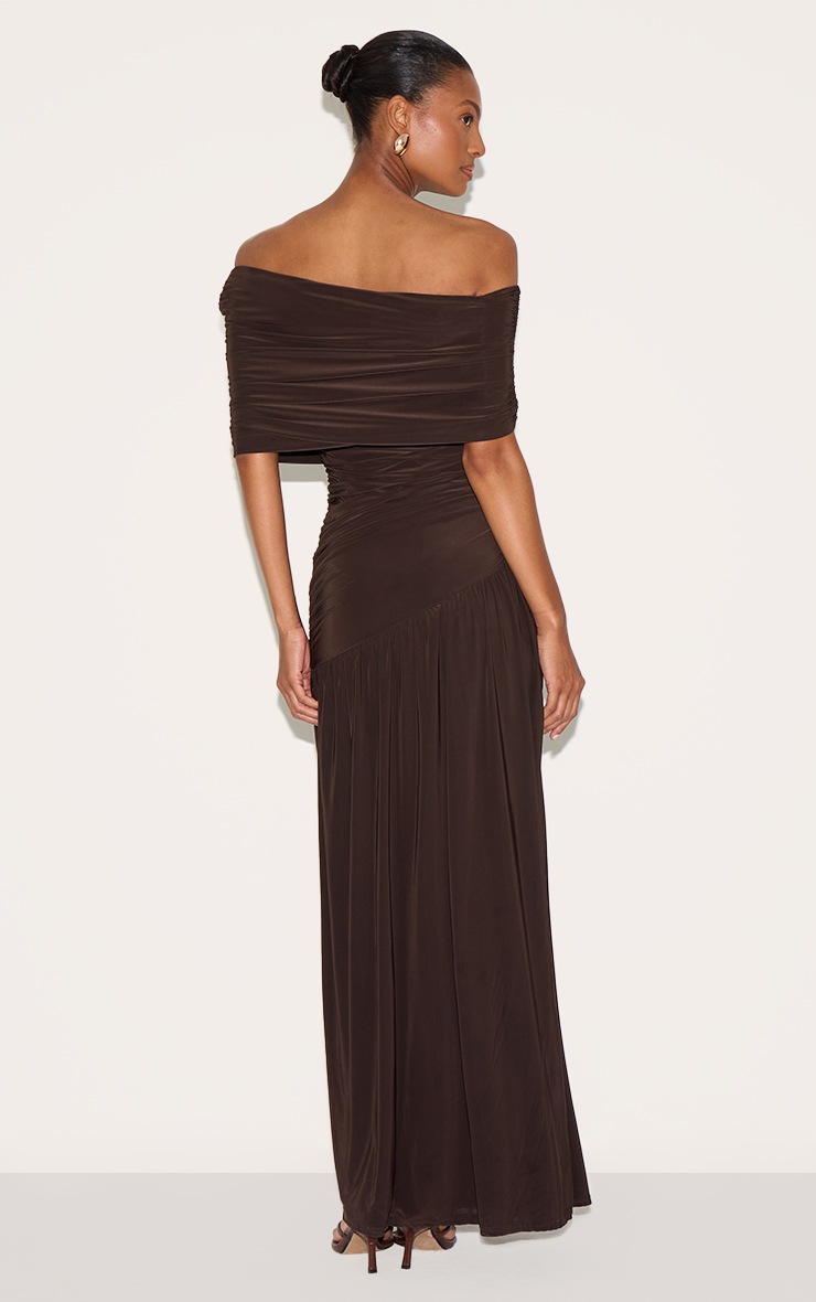 Pretty Little Thing Chocolate Brown Double Layer Slinky Bardot One Shoulder Ruched Maxi Dress