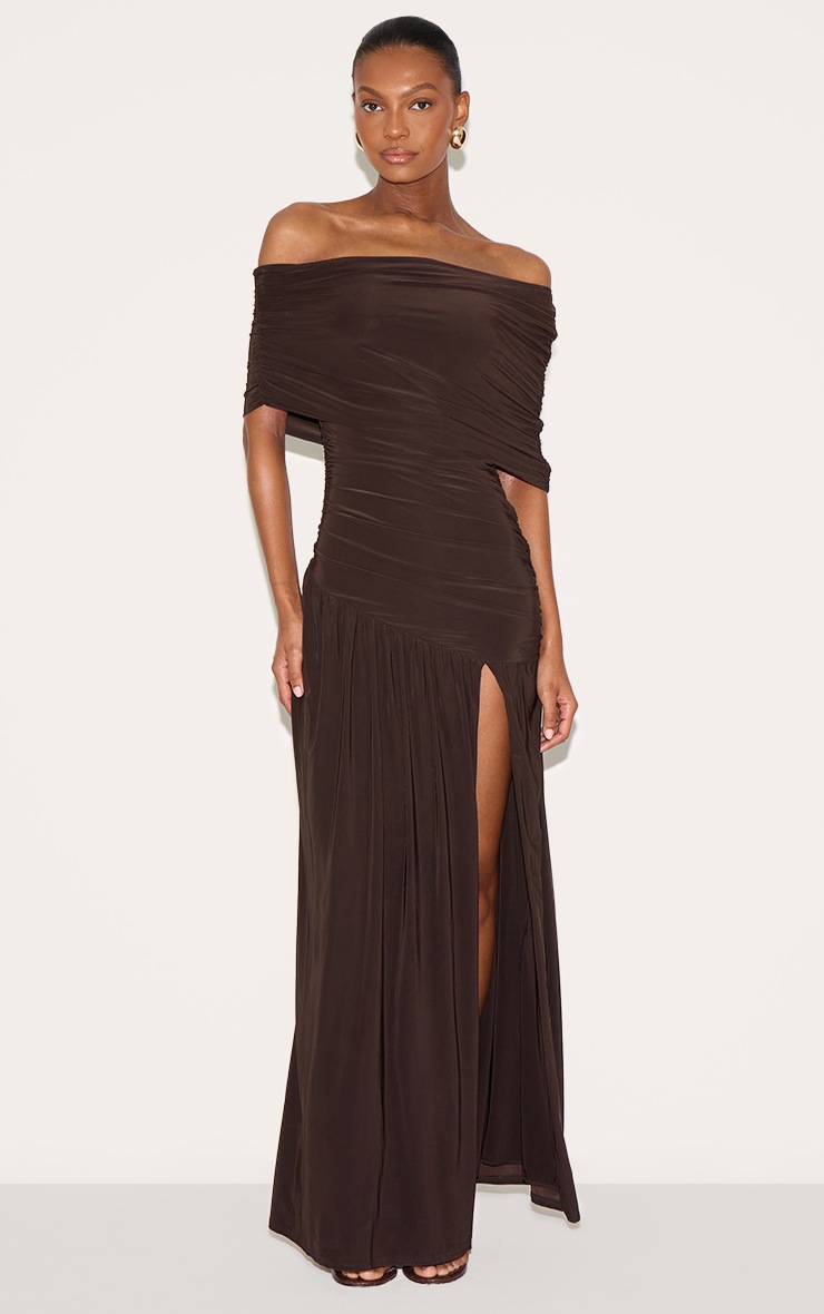 Pretty Little Thing Chocolate Brown Double Layer Slinky Bardot One Shoulder Ruched Maxi Dress
