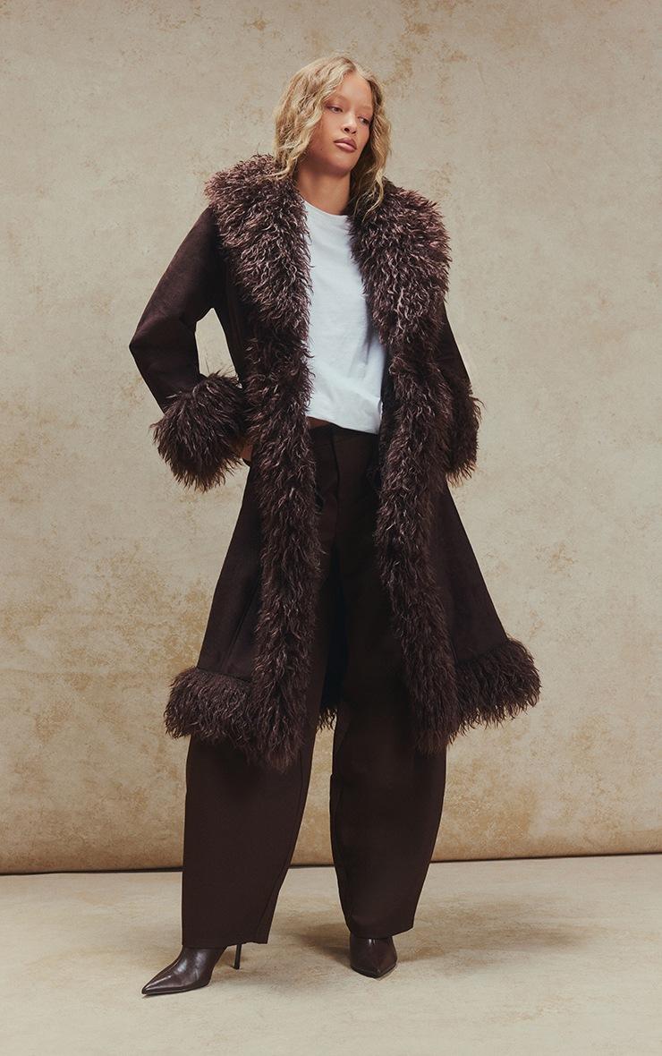 Pretty Little Thing Chocolate Brown Faux Fur Trim Maxi Coat