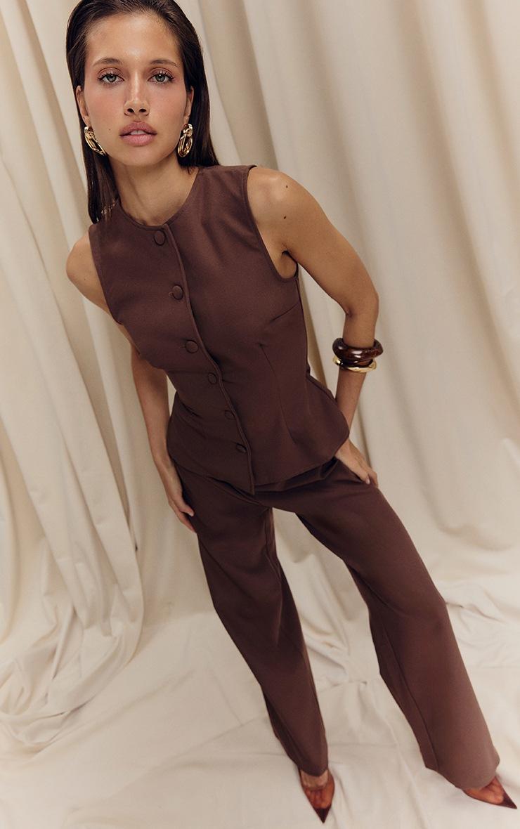 Pretty Little Thing Chocolate Brown High Neck Vest Straight Leg Jumpsuit