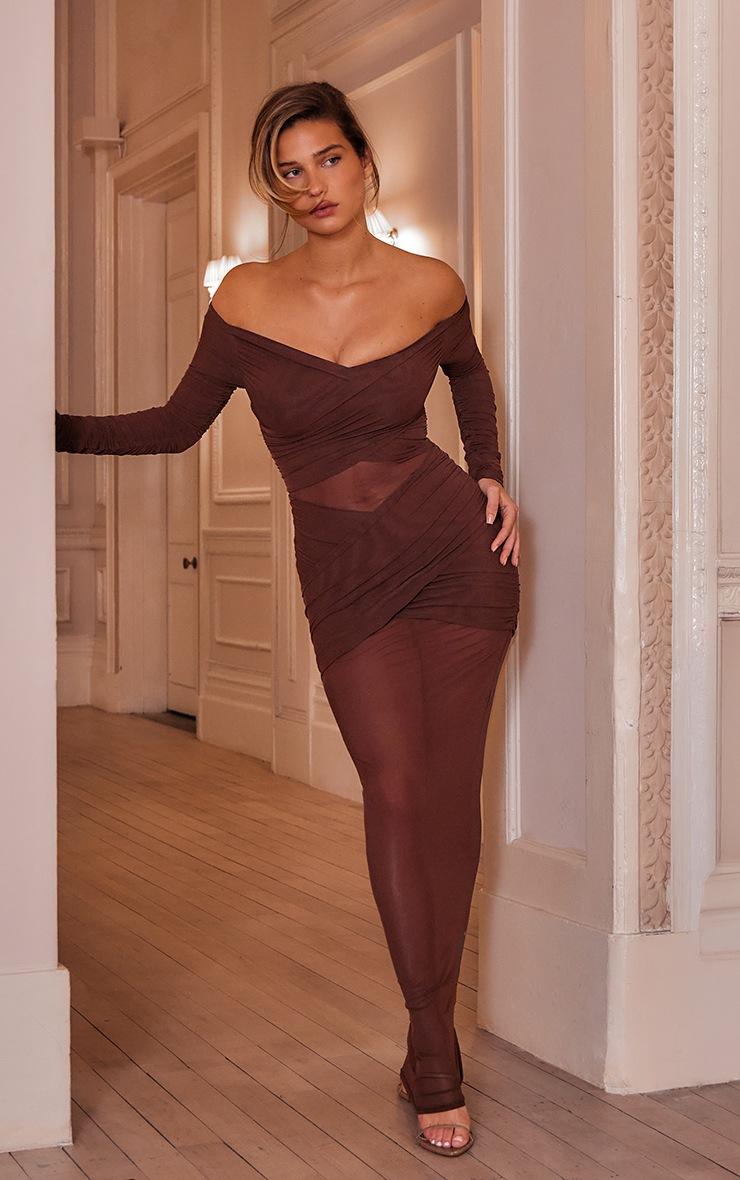 Pretty Little Thing Chocolate Brown Mesh Bardot Layered Ruched Maxi Dress
