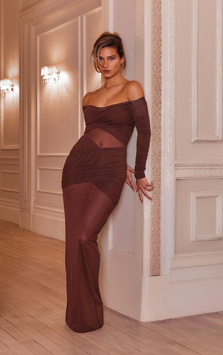 Pretty Little Thing Chocolate Brown Mesh Bardot Layered Ruched Maxi Dress