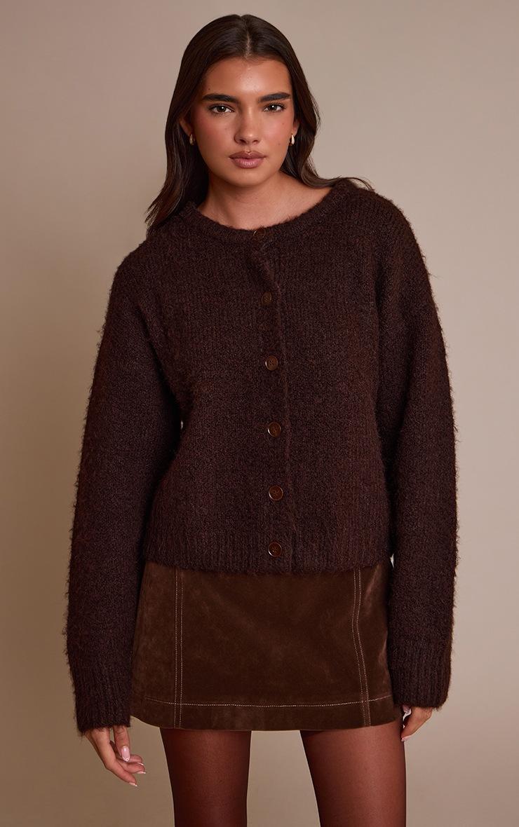 Pretty Little Thing Chocolate Brushed Oversized Detail Round Neck Cardigan