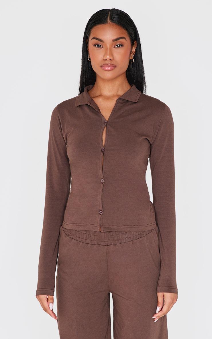 Pretty Little Thing Chocolate Button Up Jersey Fitted Top