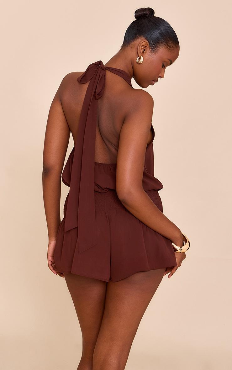 Pretty Little Thing Chocolate Chiffon Halterneck Romper