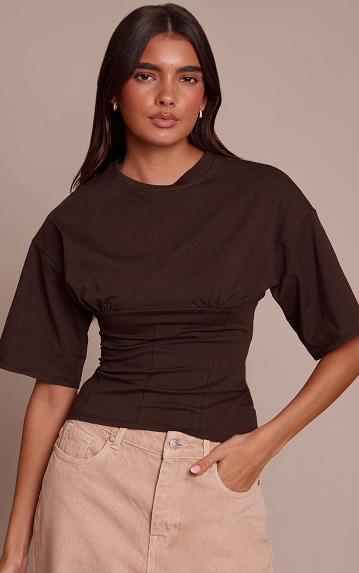 Pretty Little Thing Chocolate Cotton Ruched Bust Detail Fitted T Shirt Pretty Little Thing Chocolate Cotton Ruched Bust Detail Fitted T Shirt