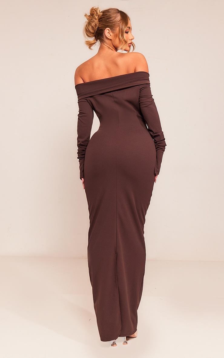 Pretty Little Thing Chocolate Crepe Long Sleeve Bardot Maxi Dress