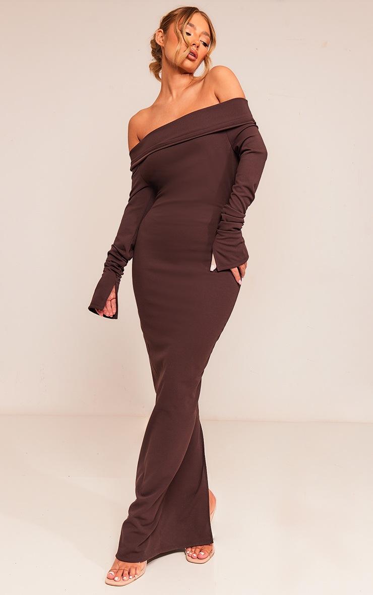 Pretty Little Thing Chocolate Crepe Long Sleeve Bardot Maxi Dress