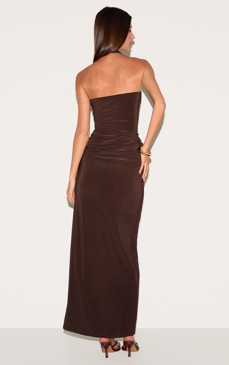Pretty Little Thing Chocolate Double Layer Slinky Square Halterneck Drape Detail Maxi Dress