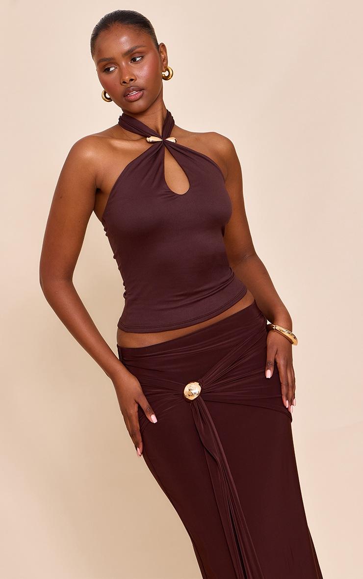 Pretty Little Thing Chocolate Double Layer Soft Touch Trim Detail Halterneck Long Top