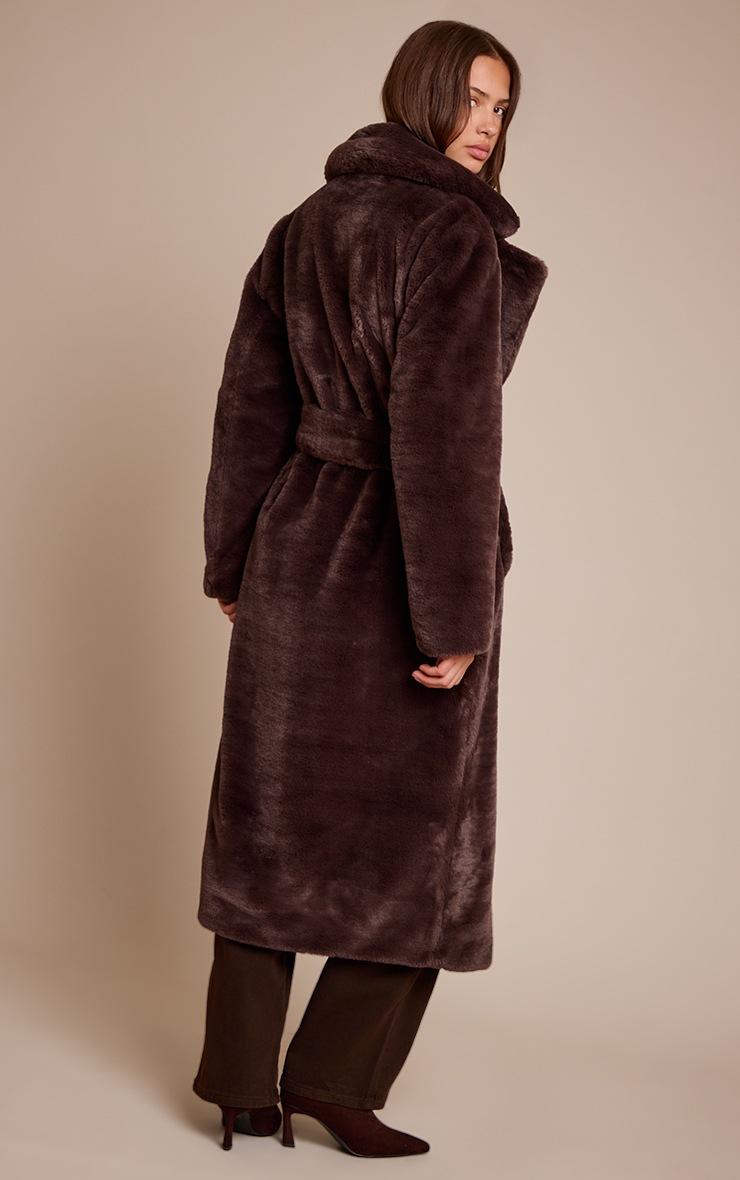 Pretty Little Thing Chocolate Faux Fur Tie Waist Maxi Coat
