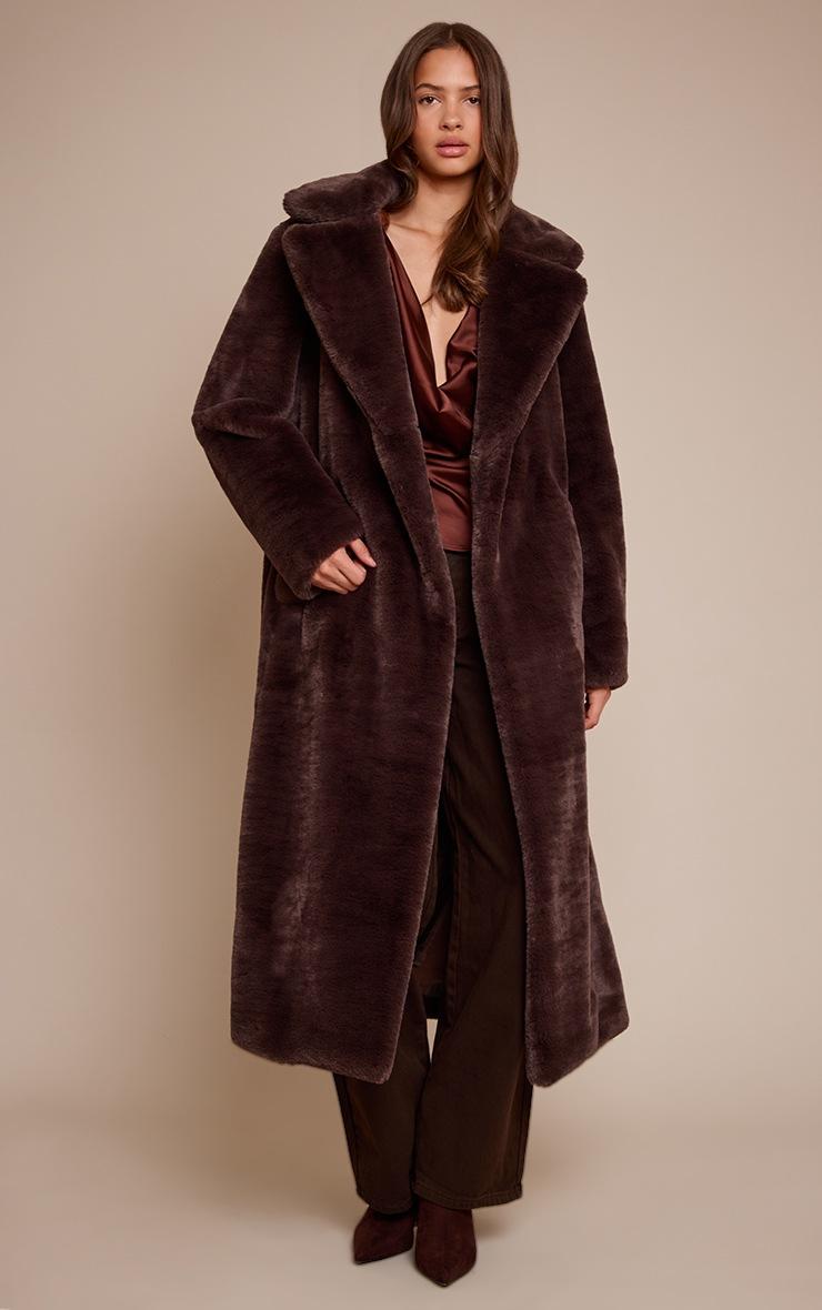 Pretty Little Thing Chocolate Faux Fur Tie Waist Maxi Coat